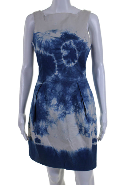 Cue Womens Back Zip Sleeveless Square Neck Tie Dyed Dress Blue White Size 10