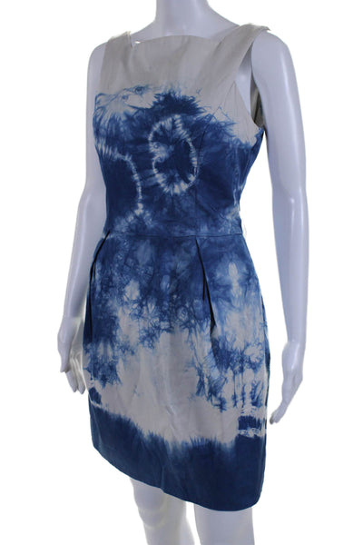 Cue Womens Back Zip Sleeveless Square Neck Tie Dyed Dress Blue White Size 10