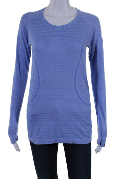 Lululemon Womens Long Sleeve Scoop Neck Striped Logo Tee Shirt Blue Size 8