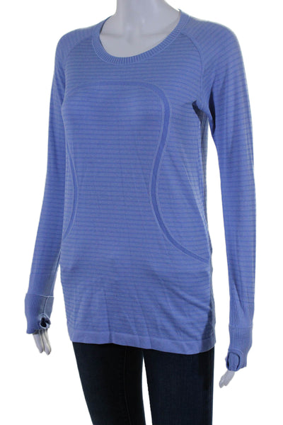 Lululemon Womens Long Sleeve Scoop Neck Striped Logo Tee Shirt Blue Size 8