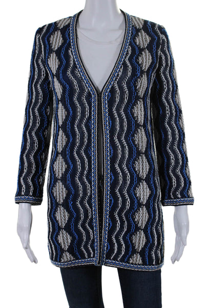 St. John Womens Hook Front Knit Cardigan Sweater White Blue Wool Size Petite