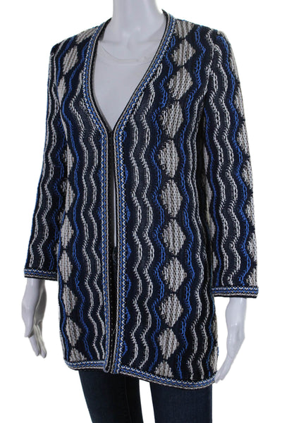 St. John Womens Hook Front Knit Cardigan Sweater White Blue Wool Size Petite