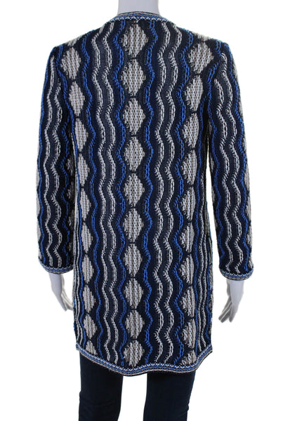 St. John Womens Hook Front Knit Cardigan Sweater White Blue Wool Size Petite