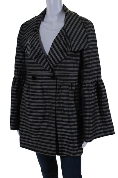 Samuel Dong Womens Double Breasted Collared Striped Jacket Black Gray Size Large