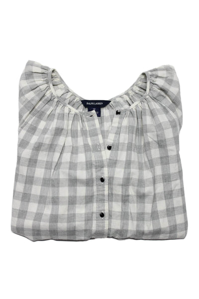 Ralph Lauren Blue Label Girls Button Up Round Neck Gingham Shirt Gray White 14