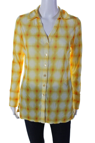 Rebecca Taylor Womens Button Front Collared V Neck Plaid Shirt Yellow Size Small