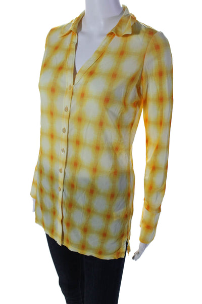 Rebecca Taylor Womens Button Front Collared V Neck Plaid Shirt Yellow Size Small