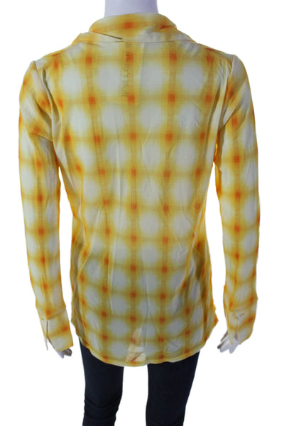 Rebecca Taylor Womens Button Front Collared V Neck Plaid Shirt Yellow Size Small