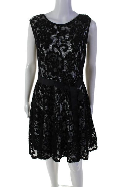 Betsy & Adam Womens Embroidered Sleeveless Belted A Line Dress Black White Size