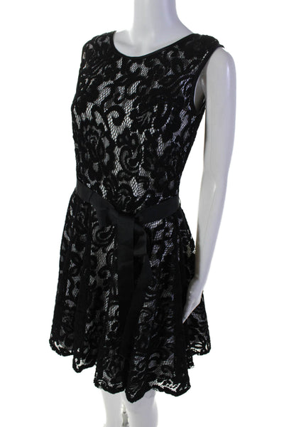 Betsy & Adam Womens Embroidered Sleeveless Belted A Line Dress Black White Size