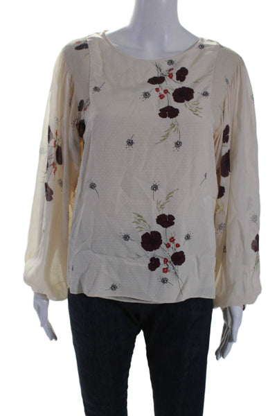 Joie Womens Silk Blend Floral Print Long Sleeves Blouse Beige Size Small