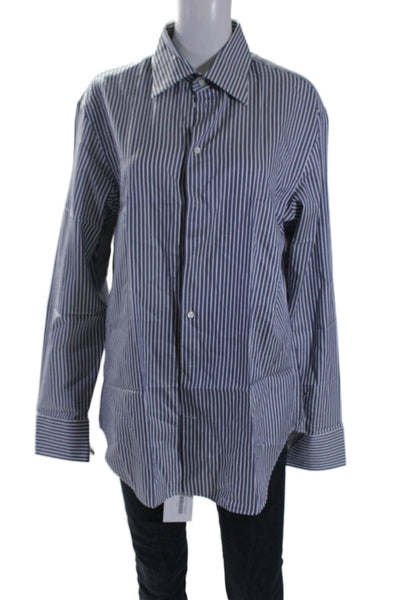 Armani Collezioni Womens Cotton Collared Button Stripped Blouse Blue Size L