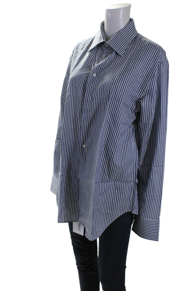 Armani Collezioni Womens Cotton Collared Button Stripped Blouse Blue Size L