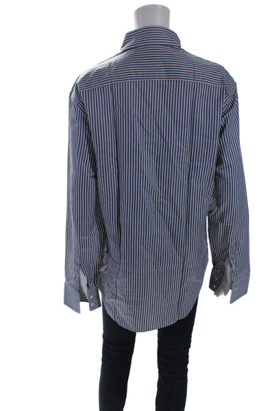 Armani Collezioni Womens Cotton Collared Button Stripped Blouse Blue Size L