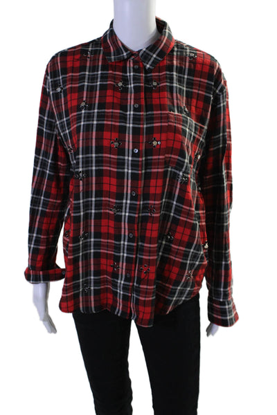 Elizabeth and James Womens Embellish Long Sleeves Button Down Plaid Shirt Size 2