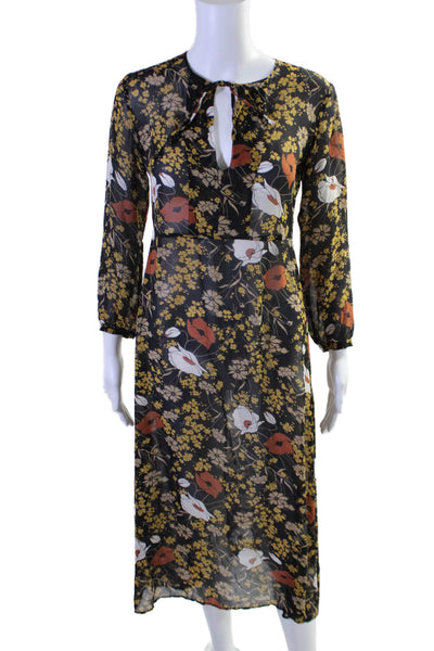 Theory Women's V-Neck Long Sleeves Sheer A-Line Midi Dress Floral Size 00