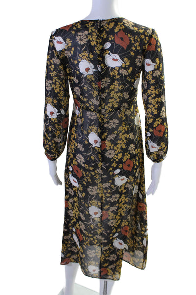 Theory Women's V-Neck Long Sleeves Sheer A-Line Midi Dress Floral Size 00