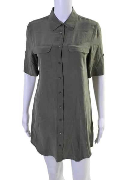 Equipment Femme Women's Short Sleeves Button Silk Mini Shirt Dress Green Size XS