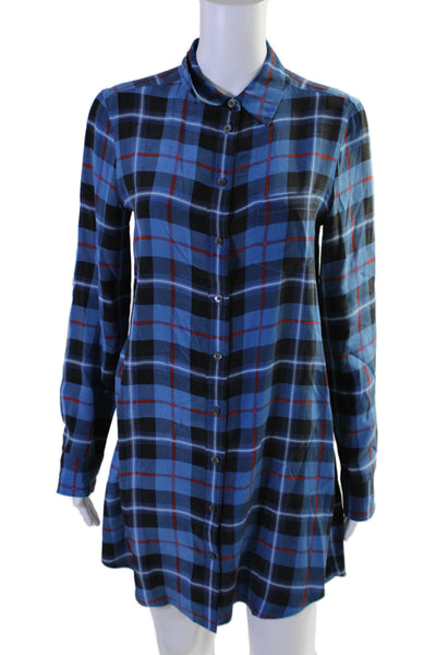 Equipment Femme Women's Long Sleeves Button Down Silk Shirt Dress Plaid Size XS