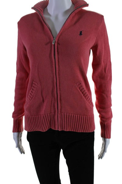 Ralph Lauren Sport Womens Front Zip Mock Neck Logo Sweater Pink Size Medium