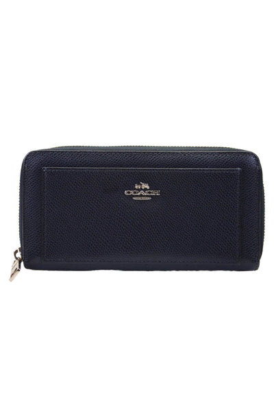 Coach Womens Leather Rectangular Gold Tone Zip Closure Wallet Navy