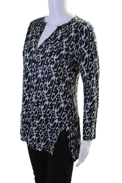 T Tahari Womens V Neck Long Sleeve Abstract Top Black Size Medium