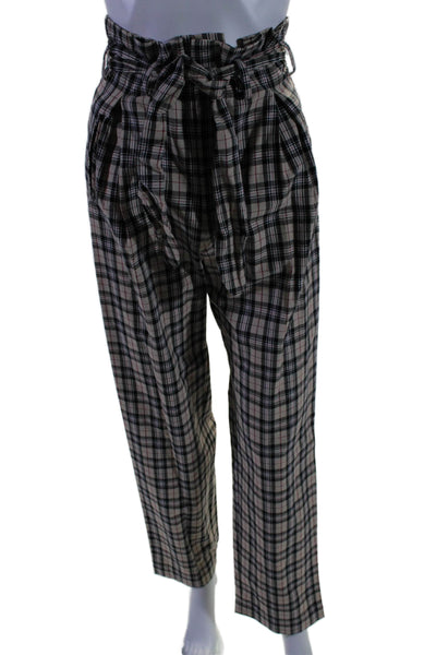 Petersyn Womens Plaid Belted High Rise Pants Beige Black Cotton Size Small