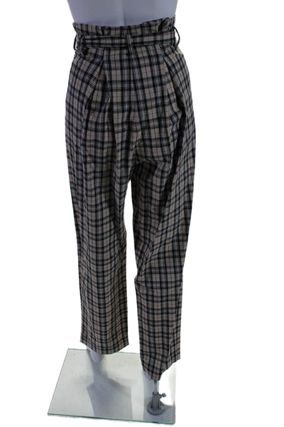 Petersyn Womens Plaid Belted High Rise Pants Beige Black Cotton Size Small