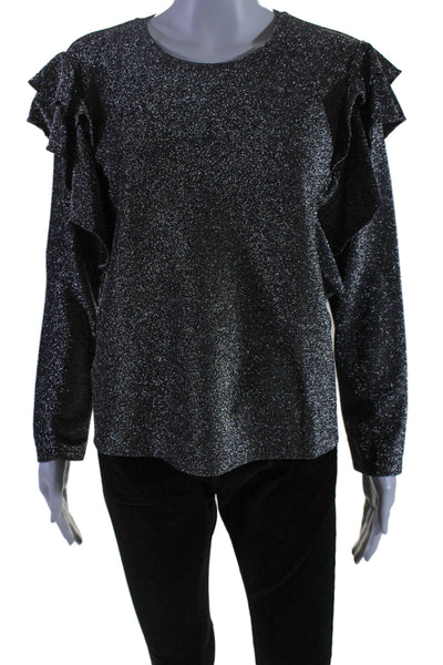 Rebecca Minkoff Womens Ruffled Long Sleeves Kiera Blouse Silver Size Extra Small