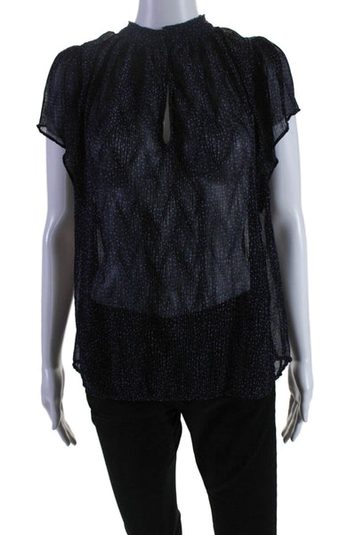 Vince Womens Sheer Spotted V-Neck Short Sleeve Pullover Blouse Top Navy Size M