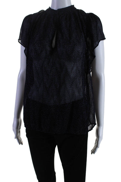 Vince Womens Sheer Spotted V-Neck Short Sleeve Pullover Blouse Top Navy Size M