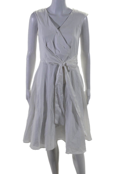 Calvin Klein Womens Sleeveless Tie Waist A Line V Neck Dress White Cotton Size 4