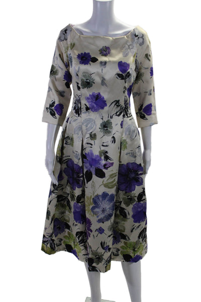 Alex Marie Womens Floral Print Long Sleeves A Line Dress White Lavender Size 4