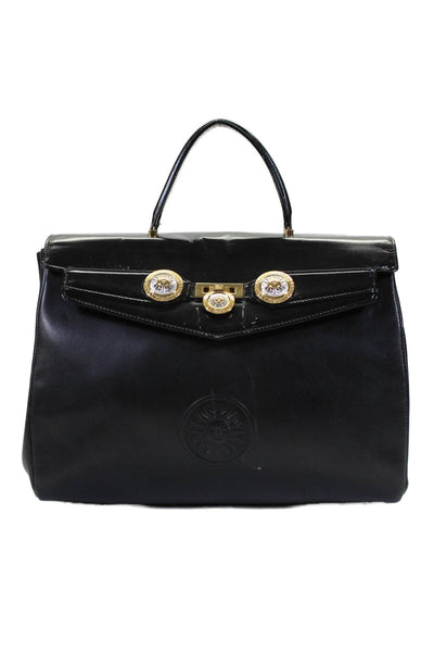 Gianni Versace Womens Double Logo Sunburst Top Handle Handbag Black Leather