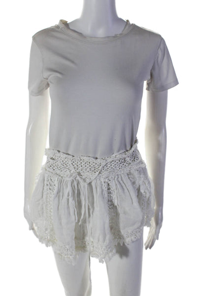 Sunday Womens White Linen Crochet Fringe Detail Drawstring Mini Skirt Size M