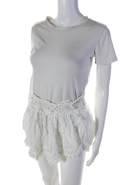 Sunday Womens White Linen Crochet Fringe Detail Drawstring Mini Skirt Size M