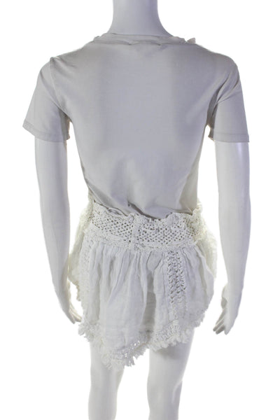 Sunday Womens White Linen Crochet Fringe Detail Drawstring Mini Skirt Size M