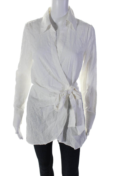 ONIA Womens Cotton Blend White Collar Tie Front Long Sleeve Blouse Top Size XS