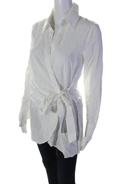 ONIA Womens Cotton Blend White Collar Tie Front Long Sleeve Blouse Top Size XS