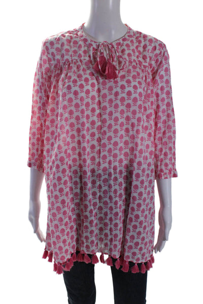 Roller Rabbit Womens 3/4 Sleeve Keyhole Tassel Floral Tunic Top White Pink Small