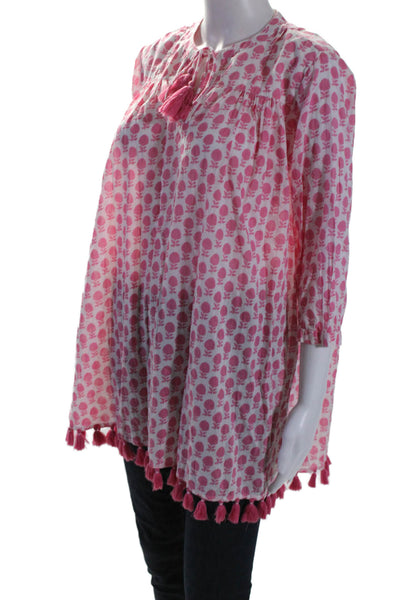 Roller Rabbit Womens 3/4 Sleeve Keyhole Tassel Floral Tunic Top White Pink Small