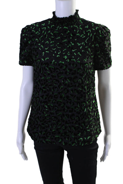 Milly Womens Short Sleeve Mock Neck Velvet Leopard Print Top Black Green Small