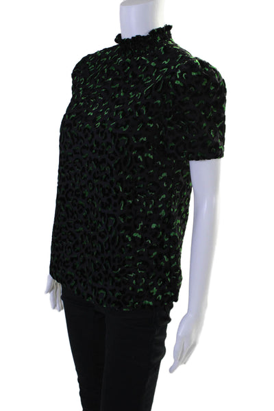 Milly Womens Short Sleeve Mock Neck Velvet Leopard Print Top Black Green Small