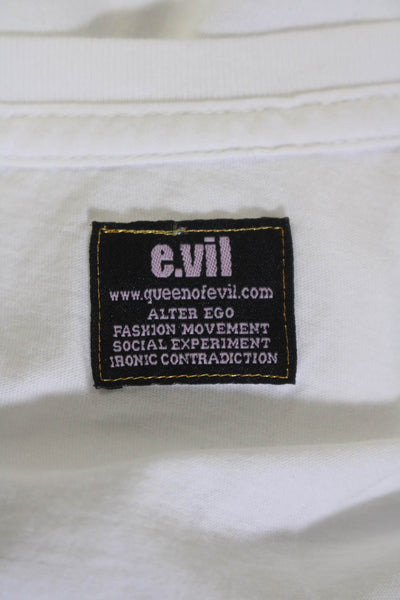 E.vil Womens Distress Short Sleeves Scull Rhinestone Ringer T-Shirt White Size S