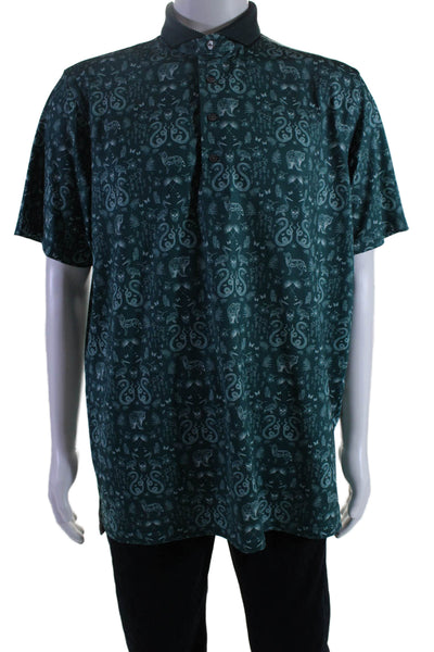 Greyson Mens Green Graphic Print Short Sleeve Collar Polo Shirt Size L