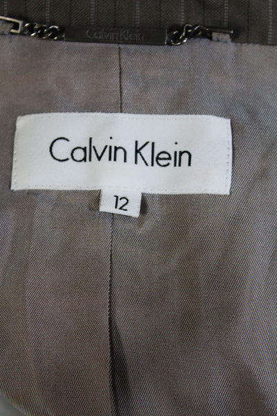 Calvin Klein Womens Striped Button Down Long Sleeves Blazer Jacket Brown Size 12