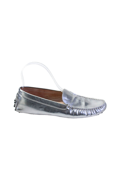 Tods Womens Leather Slip On Metallic Flats Silver Size 7.5