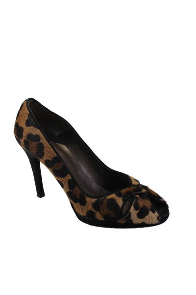 Stuart Weitzman Womens Leopard Print Ponyhair Peep Toe heels Brown Size 8