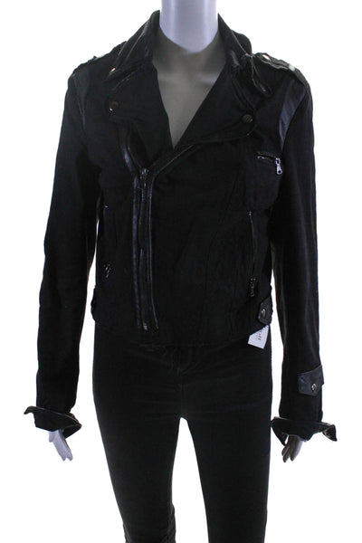 Jakett Womens Front Zip Collared Leather Trim Jacket Black Cotton Size Small