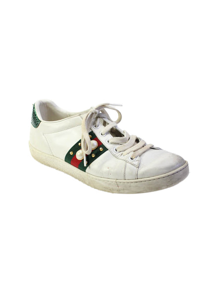 Gucci Womens Leather Studded Round Toe Low Top Sneakers White Size 37.5 7.5